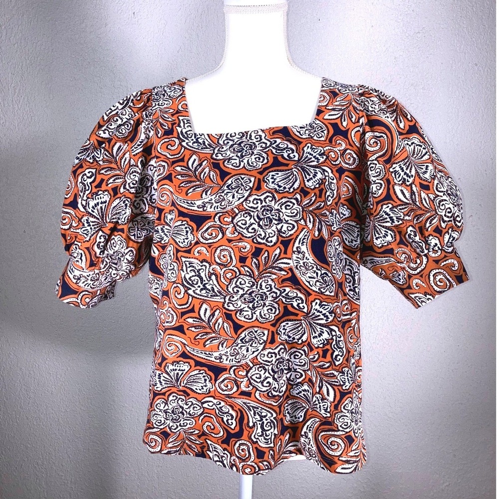Chicos Size 2 Large Orange Navy Paisley Square Neck Puff Sleeve Blouse